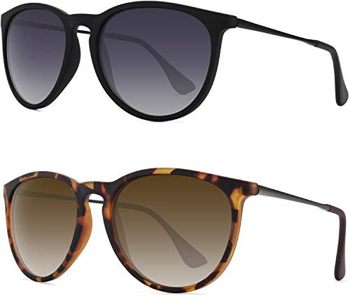 WOWSUN Polarisierte Sonnenbrille für Damen Vintage Retro Runde verspiegelte Gläser-(2 Pack) Schwarz/Verlaufsgrau + Matt Leopard/Verlaufsbrown