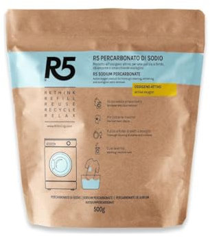 R5, Percarbonato di Sodio in Polvere, 500 g, Sbiancante, Smacchiante e Igienizzante per Lavatrice e Lavastoviglie, Cura Lavatrice, Inodore, Ecologico, Plastic Negative Certified con Repurpose Global
