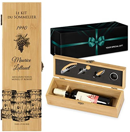 Maverton Coffret à bouteille en bambou, Cadeau d'accessoires pour le vin, Set sommelier personnalisé, Cadeau pour chaque homme - vigne