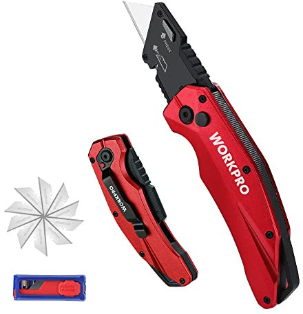 WORKPRO Cúter Plegable, Cortador de SK5, Cuchillo Utilitario con 10 Cuchillas Adicionales, Cutter con Cambio Rápido y Clip para Cinturón, Rojo
