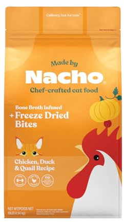 Made by Nacho Dry Cat Kibble 10lb Bag, High Protein Premium Cat Food with Freeze-Dried Pieces, Cage-Free Chicken, Duck & Quail, Limited Ingredients, Single Bag