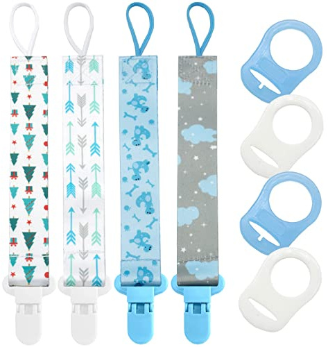 dudoct 8 Pcs Dummy Clips Girls Baby Pacifier Holder Soother Clip Chain Straps with Plastic Clasp, Silicone Ring Adapter, Fit All Dummies & Soothers & Teething Toys, Newborn Essentials (Blue)