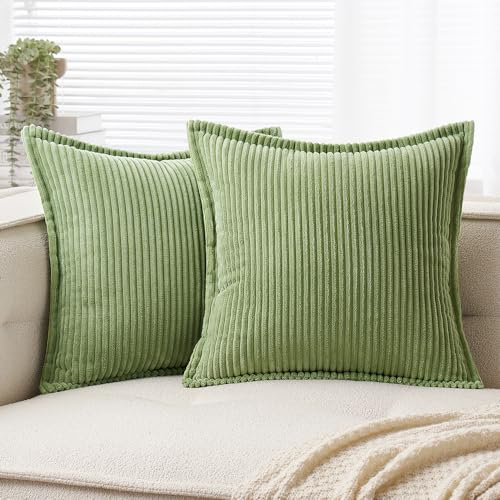 EMEMA Kordsamt Kissenbezug Weiche Kissenhülle Dekorative Sofakissen 50x50 cm 2er Set Dekokissen Moderne Zierkissenbezug Gestreifte Kissenbezüge für Wohnzimmer Schlafzimmer Bohnengrün