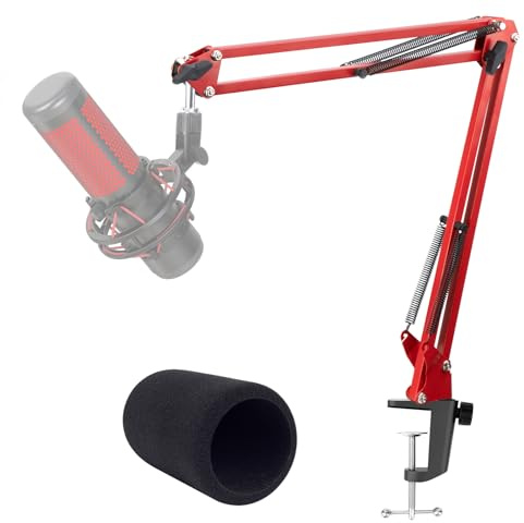 YOUSHARES HyperX QuadCast mikrofonarm röd, professionell studio boom arm med skumpop-filter, mikrofonstativ kompatibel med HyperX QuadCast S/ProCast mikrofon 3/8 tum till 5/8 tum adapter från