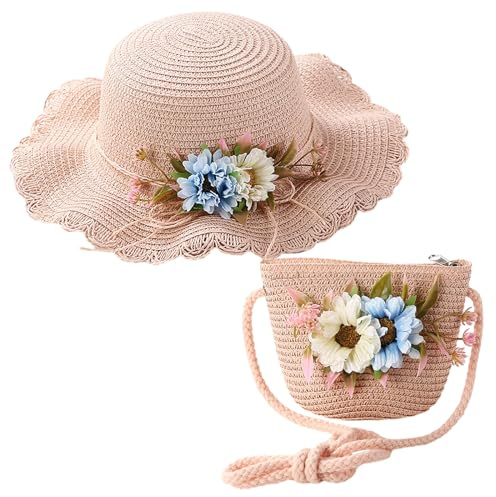 Mädchen Sonnenhut und Mini Cross Body Bag Set Kid Sommer Strohhut breite Krempe Sonnenschutz Visier Hüte Blume Strohhut für Kinder Mädchens Kinder Mädchen Urlaub Reisen 2-8 Jahre alt (Stroh, Rosa)