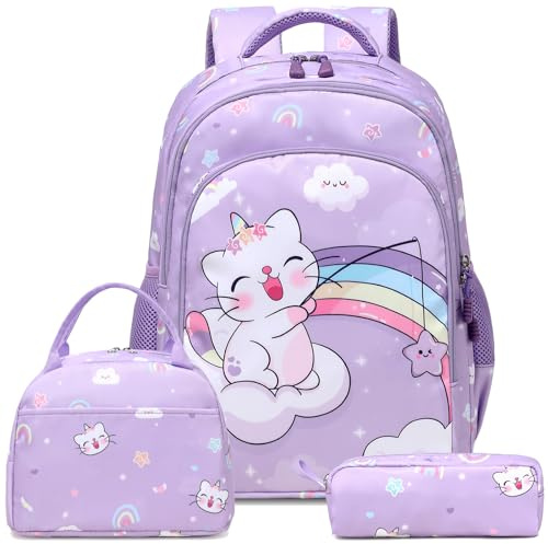 Kimwadalh Cartable Filles Sac à Dos Chats Enfants Sacs d'école Filles Set de Sacs d'école pour Primaire 1-3 Classe,Voyage Randonnée