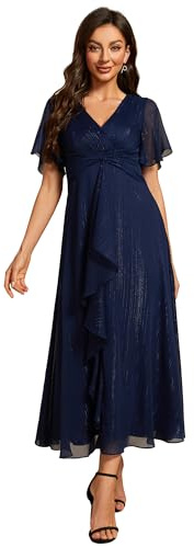 Ever-Pretty Robe d'Invité de Mariage Femme Longueur Manches Volantées Ceinture Col V Taille Empire A Line Brillante Robe de Demoiselle d'honneur Classique Bleu Marine 38
