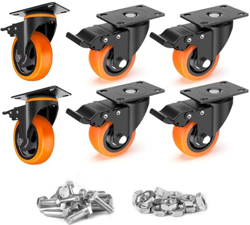 5 Inch Caster Wheels with Safety Brake 4000Lbs, Heavy Duty Casters Set of 6, Industrial Swivel Casters with Double Ball Bearings, Polyurethane No Noise Wheels for Cart,Furniture