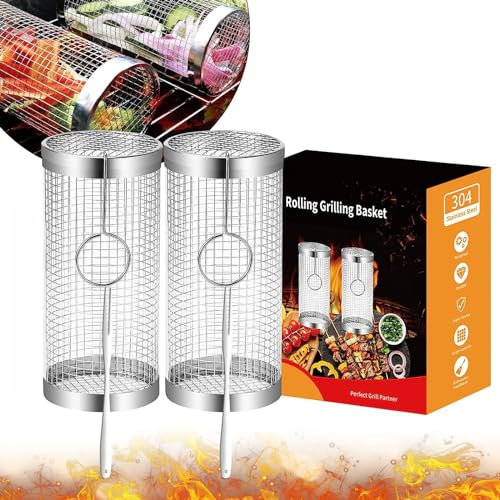 Melearch BBQ Grill Baskets, 2PCS Stainless Steel Rolling Grill Net Mesh, Barbeque Grill Accessories for Vegetables, Fruit, Meat, Outdoor Camping Picnic Utensils, BBQ Gifts for Men(20 * 9 * 9)