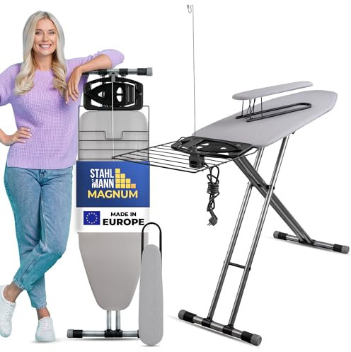 STAHLMANN ® XXL-Bügelbrett für Dampfbügelstation [130x48 Bügelfläche]– Bügeltisch [Made IN EU] – extra stabiles Bügelbrett – Bügelbrettbezug [100% Baumwolle]