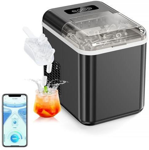 Maquina de Hielo 20kg/24h,Control Mediante Aplicación Móvil,Maquina de Hielo Para Casa 9 Cubitos en 6-8 Minutos,2 Tamaños,Ice Maker Con Función de Autolimpieza,Para Casa/Cocina/Camping/Bar.
