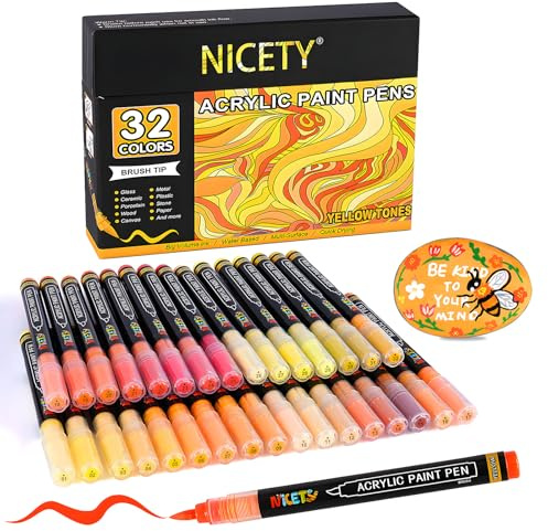 NICETY 32 Colores Rotuladores Acrílicos - Marcadores de Pincel para Pintura en Piedra, Madera, Vidrio, Cerámica - Punta de Pincel 1-6mm, Rotuladores Acrílicos a Base de Agua (Amarillo)