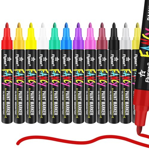 Alitastro Paint Pens Permanent Markers - 12 Colors Quick Drying Waterproof Oil Based Paint Markers, Medium Tip, Marker Pen for Metal, Rock Painting, Wood, Plastic, Canvas, Mugs, Stone (Black Rod)