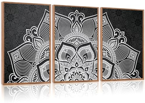 CHDITB Lotus Flower Framed Canvas Wall Art Set, Mandala Wall Decor for Yoga Room, Black and White Spiritual Wall Painting, Vintage Meditation Art Prints for Zen Living Room, Bedroom, Office 16x24x3
