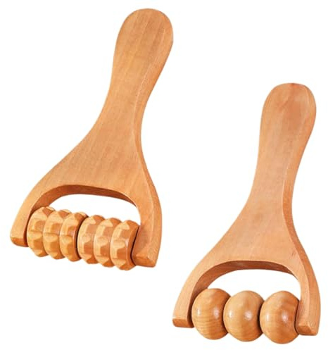Rodillos de masaje de madera (paquete de 2), rodillo facial con mango, masajeador de madera, masajeador de bolas con masaje anticelulítico, raspado y masaje