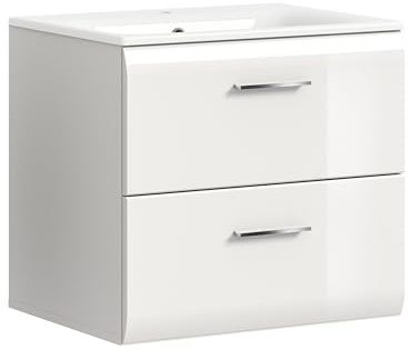 xonox.home – Waschtisch Ice 60x55x46 cm inkl. Waschbecken in Korpus weiß Nachbildung und Front weiß Hochglanz – Waschplatz in Weiß – platzsparend & schick