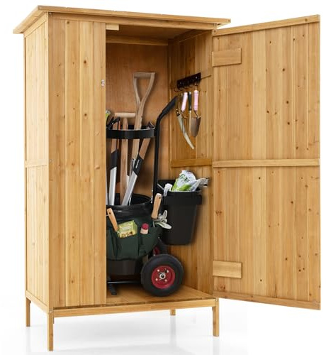 RELAX4LIFE Armadio da Esterno in Legno Massello Naturale – 91x66x150 cm – Tetto in Asfalto Antipioggia – Porta Singola + 3 Scomparti + 5 Ganci – per Giardino e Terrazza