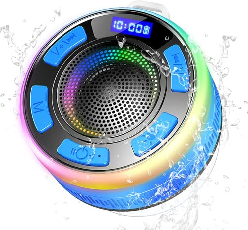 Bluetooth Lautsprecher, Musikbox Bluetooth 5.3 mit Stereo Sound, Saugnapf, Upgraded IP7 Wasserdichter Duschlautsprecher mit LED Licht, Freisprechfunktion, Mikrofon für Badezimmer, Party, USB-C, Blau
