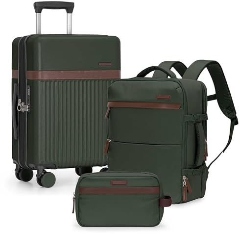 U.S. Traveler Vista Way 3-Piece Travel Set, 21-Inch Carry-on Hardside with TSA Lock, 18-Inch Travel Backpack with Laptop Sleeve, Toiletry Bag, Green