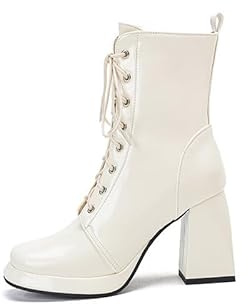 EICOFF Botines de Plataforma para Mujer, de Charol, con Cordones, Tacón Alto y Grueso, Botas de Combate, Botines para Mujer, Resistentes, para Fiesta,Blanca,39 EU