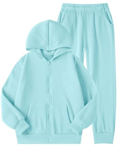 Generico Tuta Bambine e Ragazze Completo 2 Pezzi Felpa con Cappuccio con Cerniera e Pantaloni con Elastico in Vita Tute da Ginnastica Jogging Tuta Sportiva per 5-14 Anni (Light Blue, 9-10 Years)