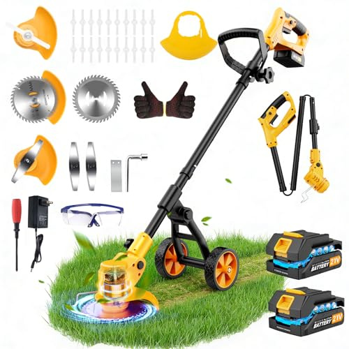 Decespugliatore a batteria, 21v TelescopicoTagliabordi a Batteria Decespugliatore Elettrico con 2 Batterie con Caricabatterie e Ruote Rimovibili, 3 Tipi di Lame per Il Taglio Di Giardini Prati