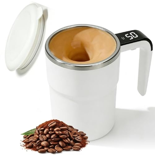 Elektrischer Magnetische Selbstrührender Kaffeebecher, 380ml Automatischer Selbstrührende Tasse mit Temperaturanzeige, Wiederaufladbarer Intelligente Kaffeetasse mit Deckel für Kaffee Milch (Weiß)