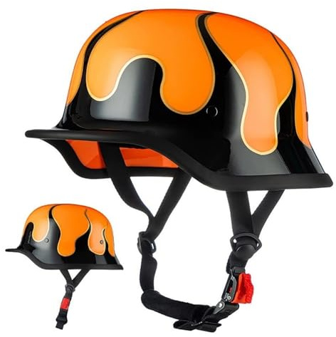 Hardcore Germansk M35 Retro Motorcykelhjälm, Flamdesign Bikerhjälm ECE R22.06 Godkänd, DOT Laglig på Väg för Cruiser Chopper Bobber