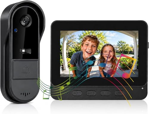 Videoportero Inalámbrico con Pantalla 4,3 sin WiFi ni App, Timbre con Cámara Exterior IP65 Impermeable, Monitor Interior, 135° Gran Angular, Audio Bidireccional, Visión Nocturna y Registro al Pulsar