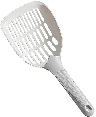 yeeplant Stor kattsandskopa, 11,7 cm bred plastsiktningsskoper, djup spade kattunge-bajs-skopa med långt handtag och hängande krok, design i ett stycke för snabb rengöring, grå