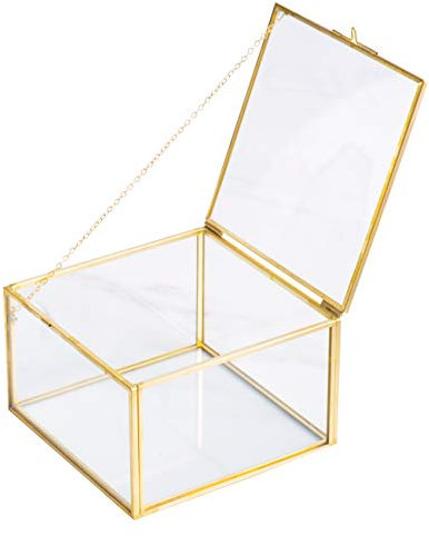 Golden Square Vintage Brass & Clear Glass Decorative Box Home Decor, Small Jewelry Case Box Organizer with Latching Lid, 5x5x3in