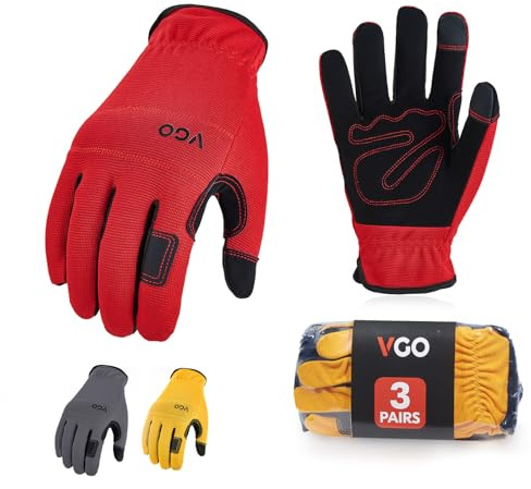 Vgo... Gants de Travail de Sécurité Légers, pour Constructeur, Mécanicien, Gants de Jardinage (NB7581,Jaune&Rouge&Gris,M,3 paires)