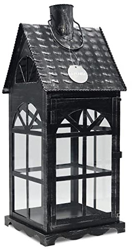 Dekovita 50cm Metall-Laterne Lichthaus - Gartenlaterne mit Glas-Scheiben - Windlicht Haus Deko-Laterne