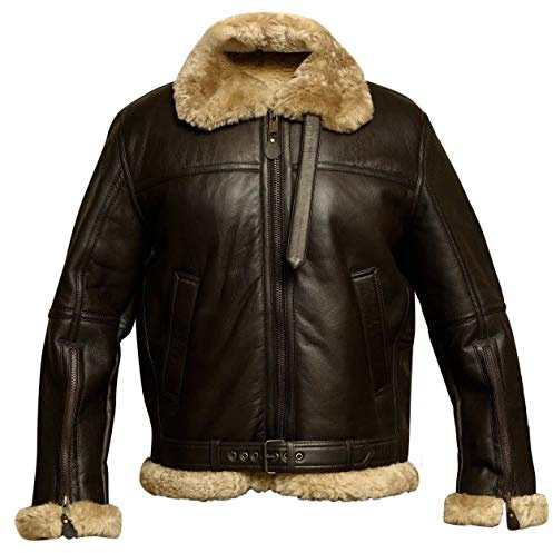 LP-FACON Giacca da uomo B3 RAF Ginger Black Aviator - Flight Pilot Bomber Giacca in vera pelle Uomo - Cappotto di pelliccia invernale con cappuccio in montone di agnello, Pelliccia marrone B3, XXXL