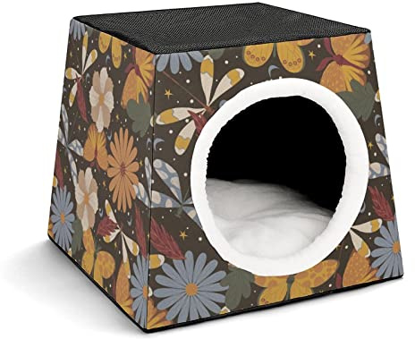 Three-Purpose Cat House Cat Bed Cat Sofa Foldable Cat Shelter Scratching Toy with Removable Cushion Retro Butterfly Flower
