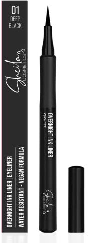 Sheila Cosmetics Overnight Ink Liner | Eyeliner Water Resistant a Lunga Tenuta, Penna con Punta in Feltro | 01 Deep Black