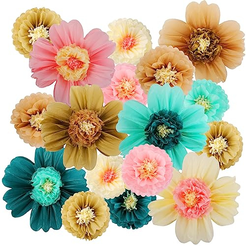 Crowye 12 Pcs Large Colorful Tissue Paper Flowers Decorations 20 and 10'' Giant Fiesta Craft Crepe Paper Flowers for Wall Decor Backdrop Mexican Wedding Birthday Carnival Party (Stylish Color)