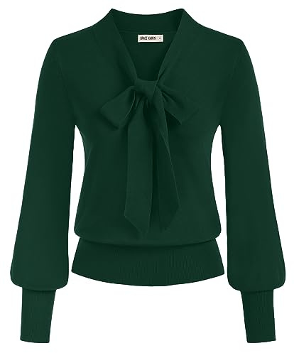 GRACE KARIN virkad topp jumper för kvinnor UK V-ringad långärmad elastisk pullover tröja med rosett, Mörkgrön, XL