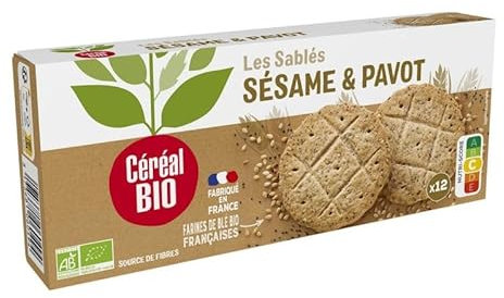 Céréal Bio - Biscuit Sesame Pavot craquant de 132g, sans sucres ajoutés - Alimentation bio saine et gourmande - Le Lot De 4