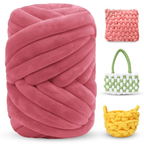LEREATI Thick Chunky Yarn for Arm Knitting Jumbo Tube Yarn Soft Chunky Knit Blanket Yarn, Velvet Yarn for Crocheting Handbags Hand Knitting Pet Bed Rugs Pillows Crafts (500g, Watermelon Red)