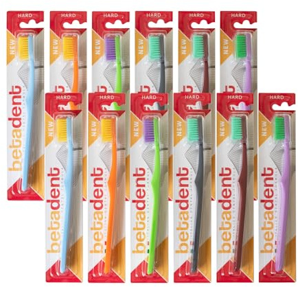 Betadent KIT 12 SPAZZOLINO HARD Setole dure con punte arrotondate per rimuovere la placca batterica in modo efficace. 12 pezzi, colori assortiti