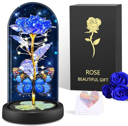 BOLEi Rosa Regalo Per Donne, Rosa Eterna In Vetro, Regalo Per Mamma, Regalo Di San Valentino Per Lei, Regalo Di Natale Per Donne, Regalo Per Sorelle, Mamma, Nonna (Rose Blu e Oro Con Farfalle)