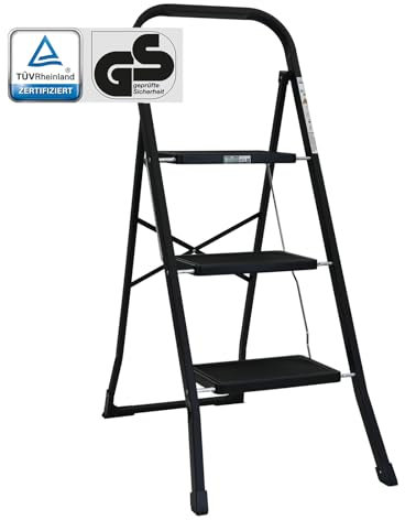 TRUTZHOLM Trittleiter 2 oder 3 Stufen klappbar TÜV/GS Zertifiziert 150 kg Klappleiter Anti-Rutsch Trittflächen & Sicherheitsverriegelung Klapptritt Haushaltstritt Stahl Leiter (Schwarz, 3 Stufen)