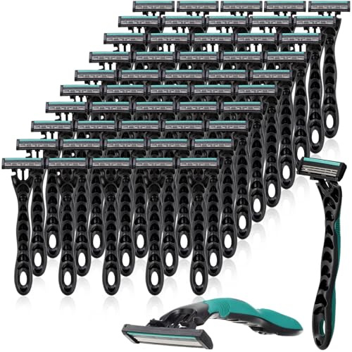 Leriton 50 Pcs Men's Disposable Razors Bulk 3 Blade Men Razors for Head Sensitive Skin Comfortable Shave, Individually Wrapped