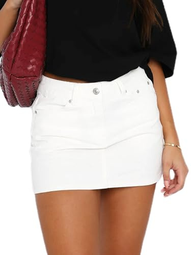 Falda de mezclilla de mujer Minifalda de botón con cremallera de diseño de bajo relieve para el verano, blanco, XL