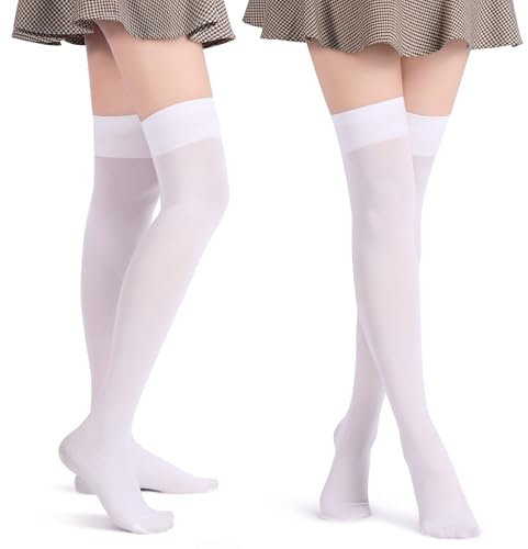 Kiiwah 2 Paia Calze Parigine Donna, Calzini Lunghi Donna Ginocchio Nylon Thigh High Socks, Bianco