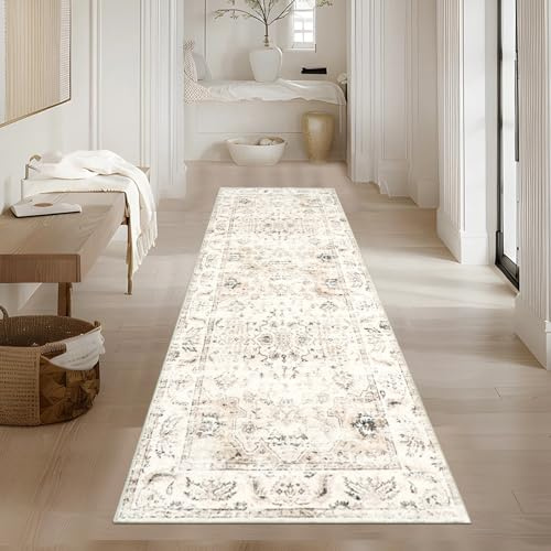 Homcomodar Tapis de Couloir Vintage 65x180cm Tapis Couloir Lavable Antidérapant Beige Tapis Passage pour Entrée Cuisine Chambre Lau