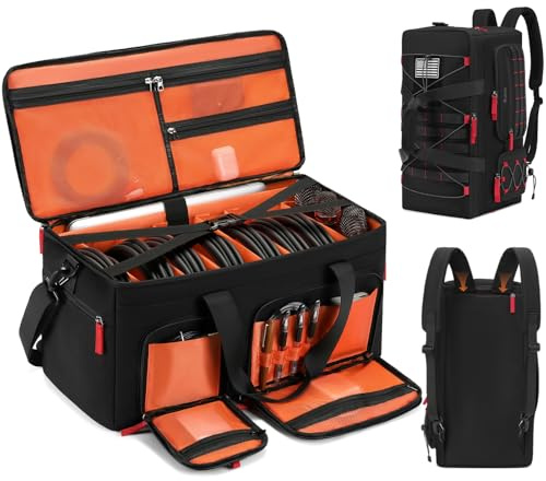 DJ Cable Gig Bag for Equipment, DJ Cable Organizer Backpack with Detachable Dividers and Padded Bottom, DJ Mixer Bag for Music Gear Accessories with 15.6'' Laptop Compartment (Black)