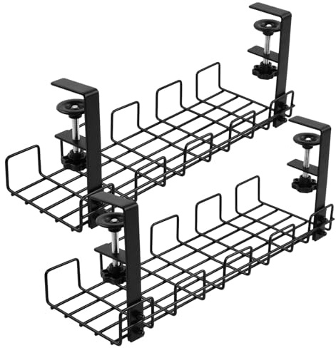 Mapille 2 Plateaux de Gestion des Câbles sous Bureau, sans Perçage Chemin de Câbles en Métal, Rangement Multiprise avec Pince Ajustable pour Bureau et Maison