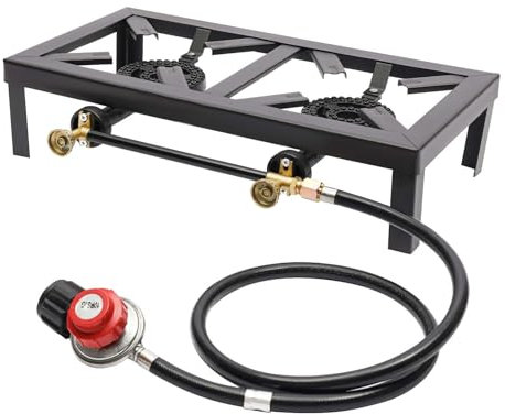 binxun Réchaud à gaz d'extérieur noir 8000 W - Double brûleur en fonte avec tuyau de régulation - Portable - Pour camping, jardin, barbecue, pieds fixes, portable et léger